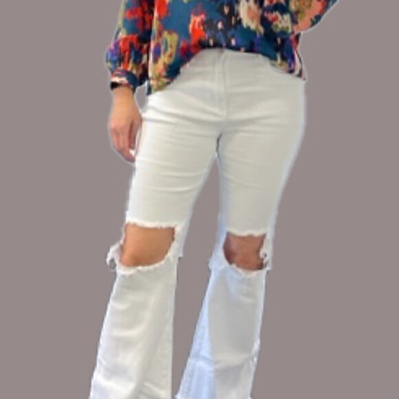 78. White Distressed Stretchy High Rise Flare Jeans - Picture 3 of 4